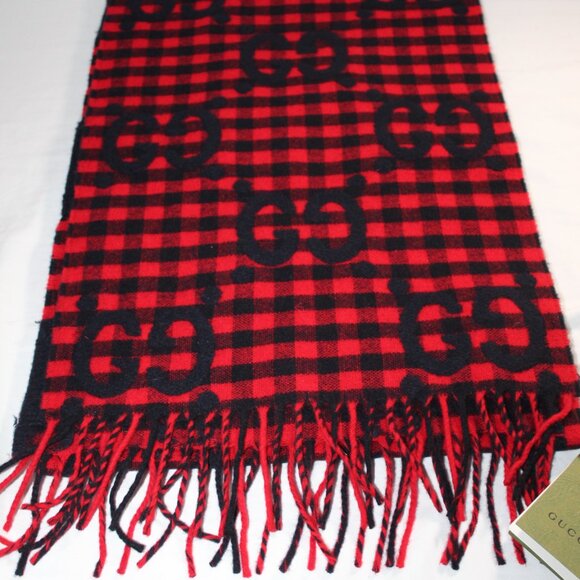 NWT Gucci Red Black Diamond Check GG Logo Scarf Wool Blend - Picture 1 of 8